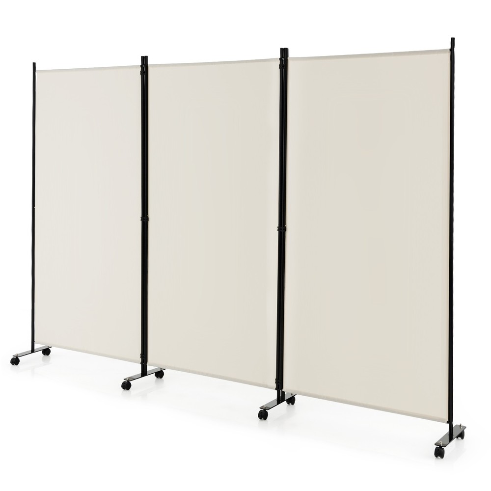 3-Panel Folding Room Divider 6' Rolling Privacy Screen w/Lockable Wheels White