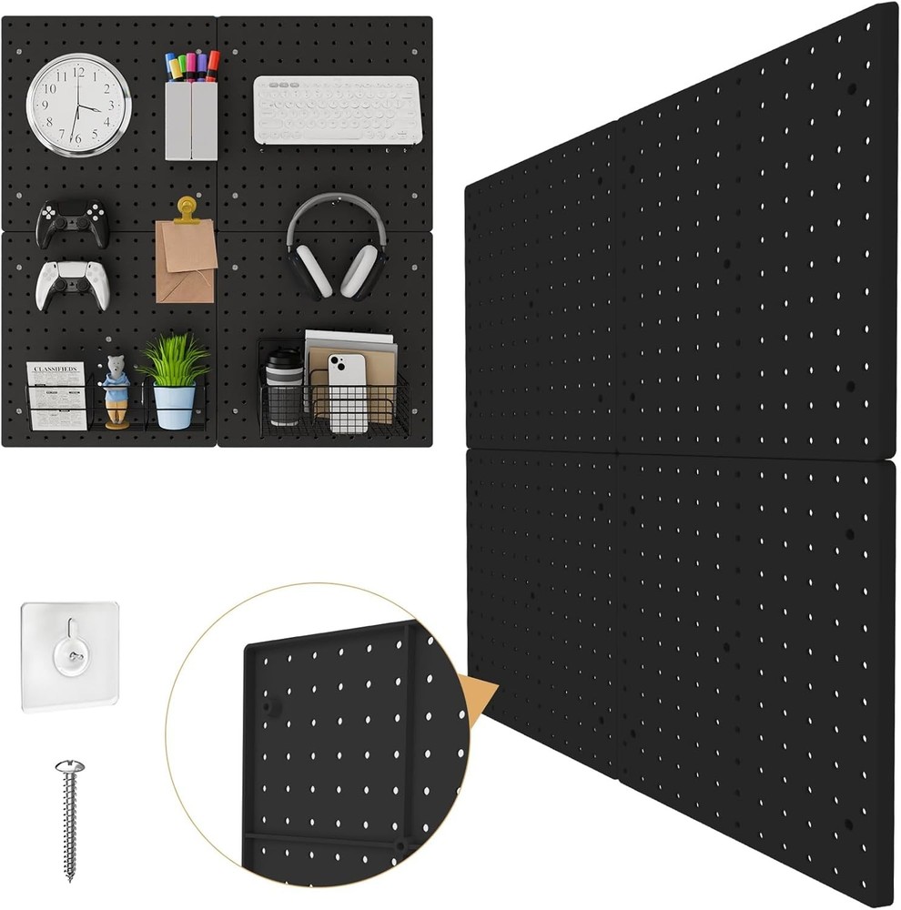 Durable 4-Pack Black Plastic Pegboards - 12x12 Inch, Maximize Your Storage Space
