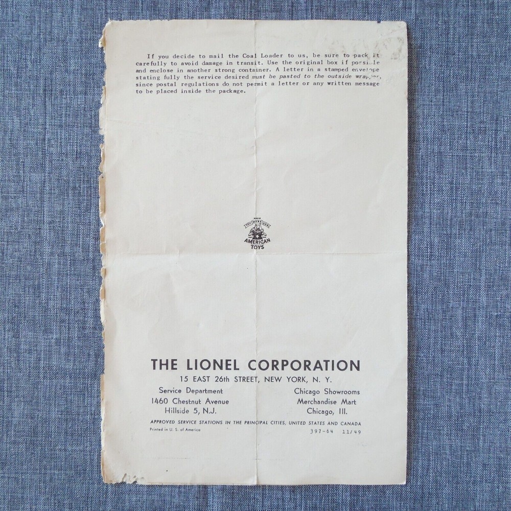 1949 Lionel Remote Control No. 397 Coal Loader Instruction Sheet Model Railroad