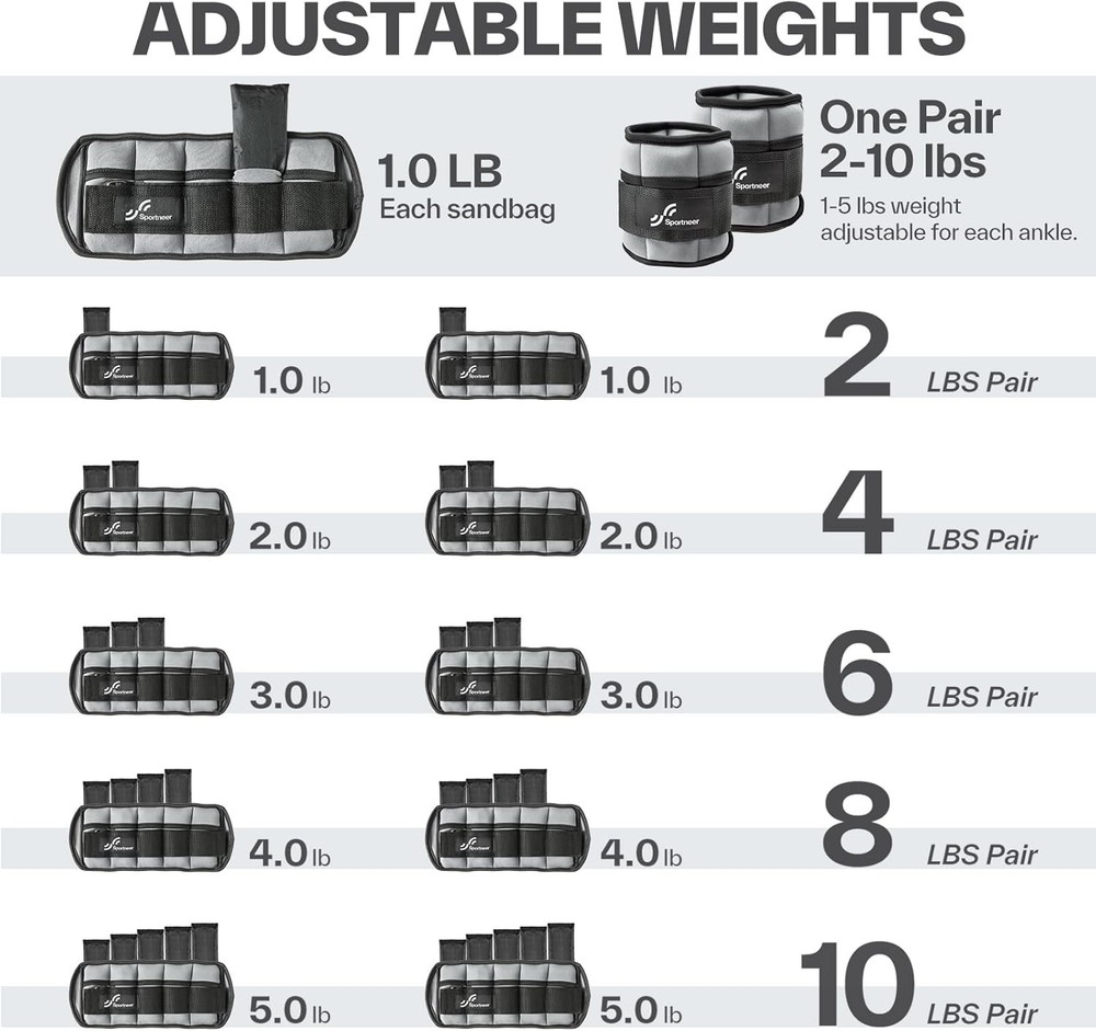 Light Gray Adjustable Ankle Weights Set - 2-10 lbs for Versatile Training