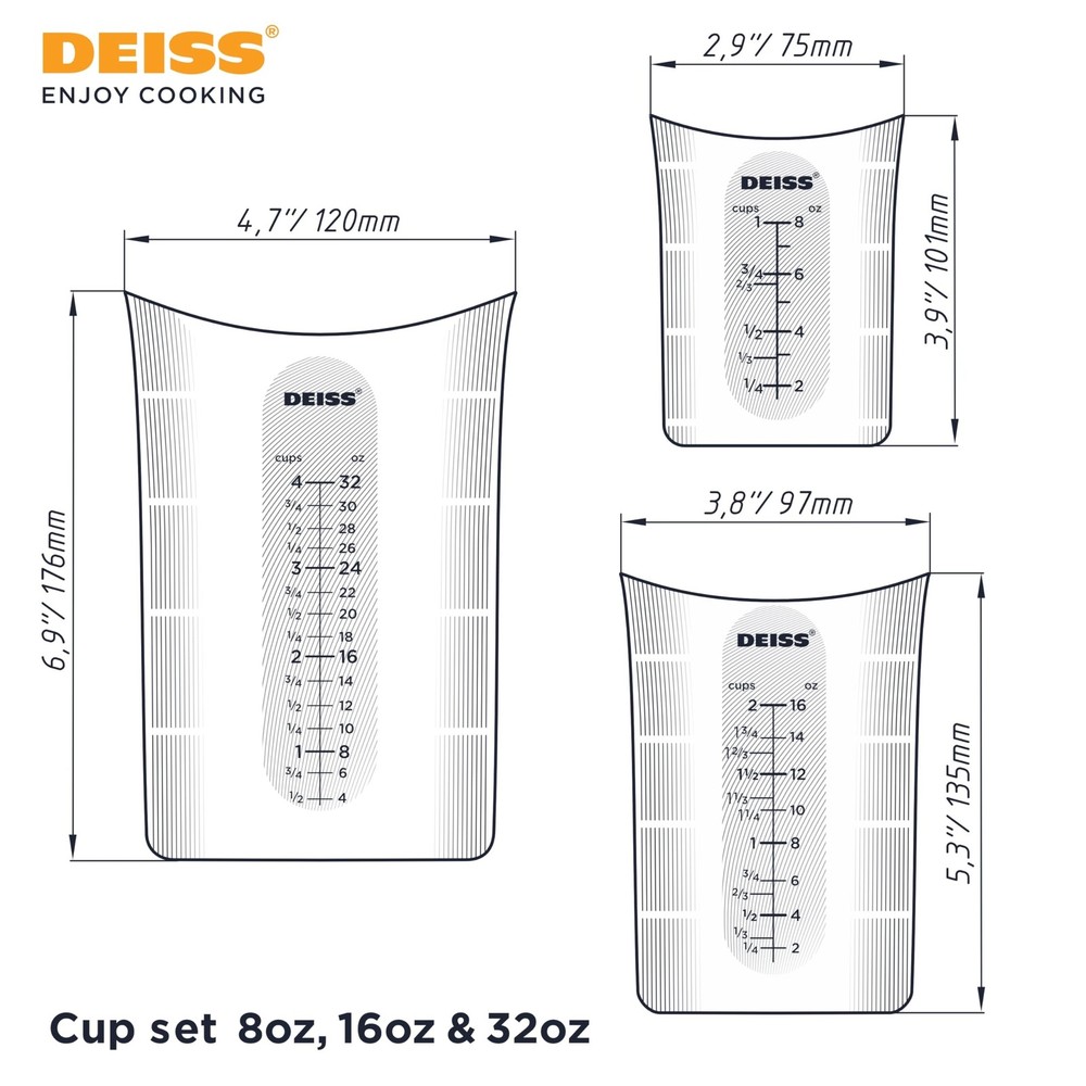 Deiss PRO 3 Piece Silicone Measuring Cup Set - Versatile & Durable, Easy-Pour...