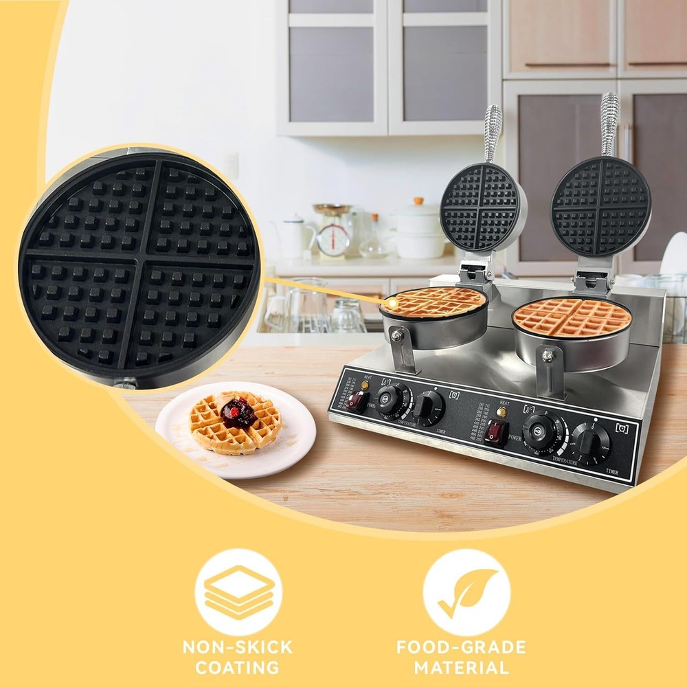 Commercial Dual Head Belgian Waffle Maker Rotating Double Waring Breakfast Maker