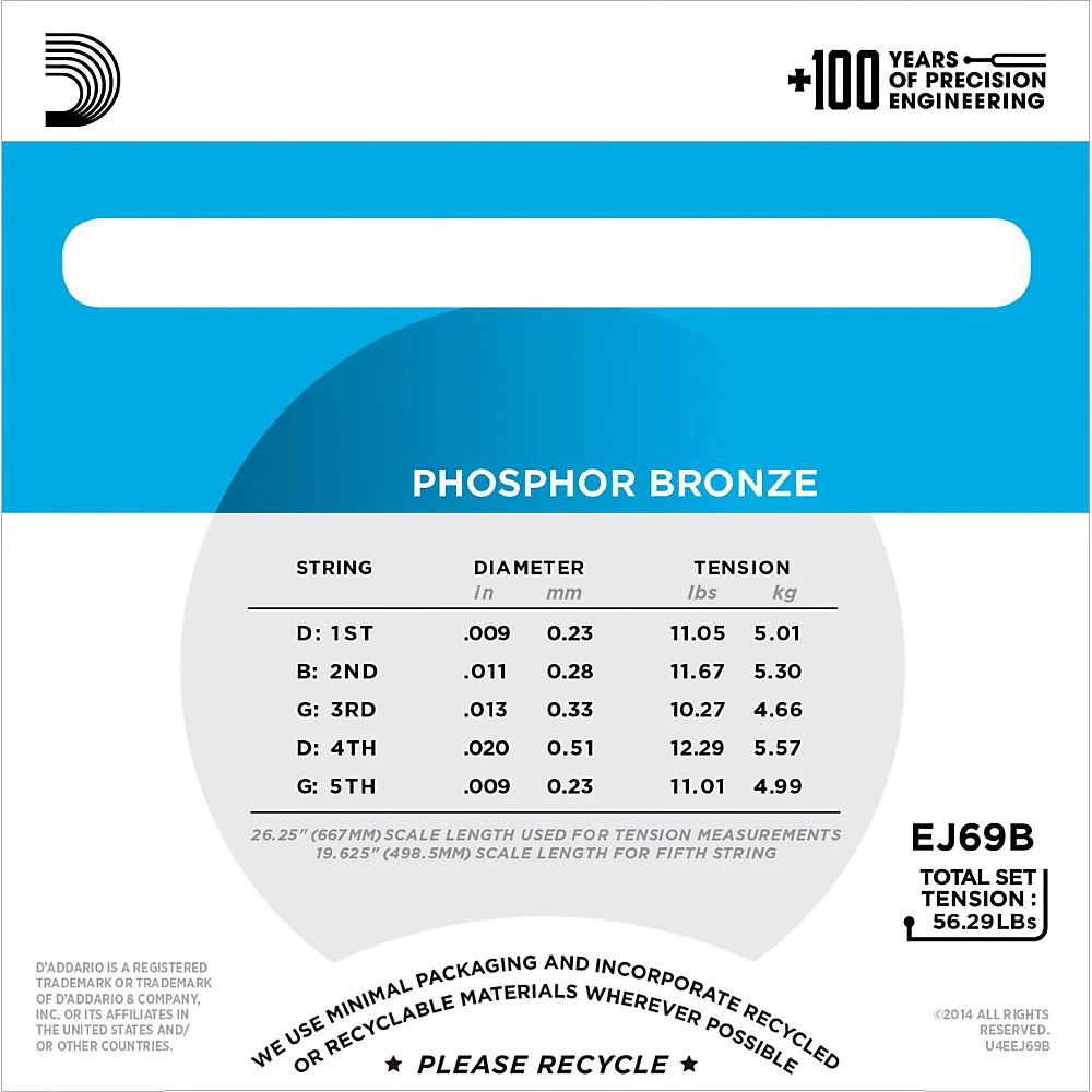 D'Addario EJ69 Phosphor Bronze Light 5-String Ball-End Banjo Strings (9-20)