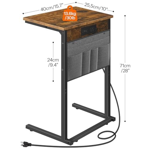 C Shaped End Table with Charging Station, 28" H Couch 1 Rustic Brown + Black
