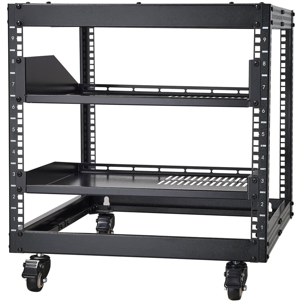 9U 4-Post Open Server Rack, 23-40" Adjustable Depth, Wall/Floor Mountable