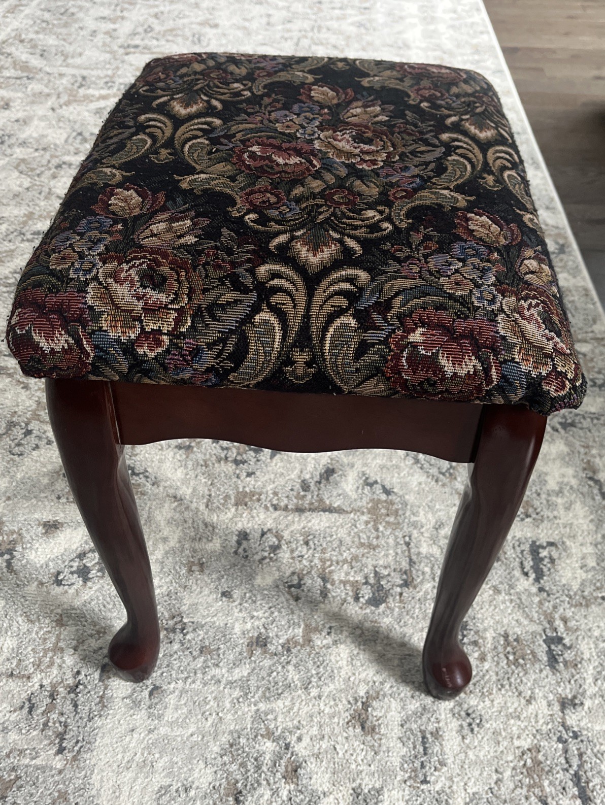 Vintage Wooden Upholstered Footstool Floral Tapestry Brown Stool