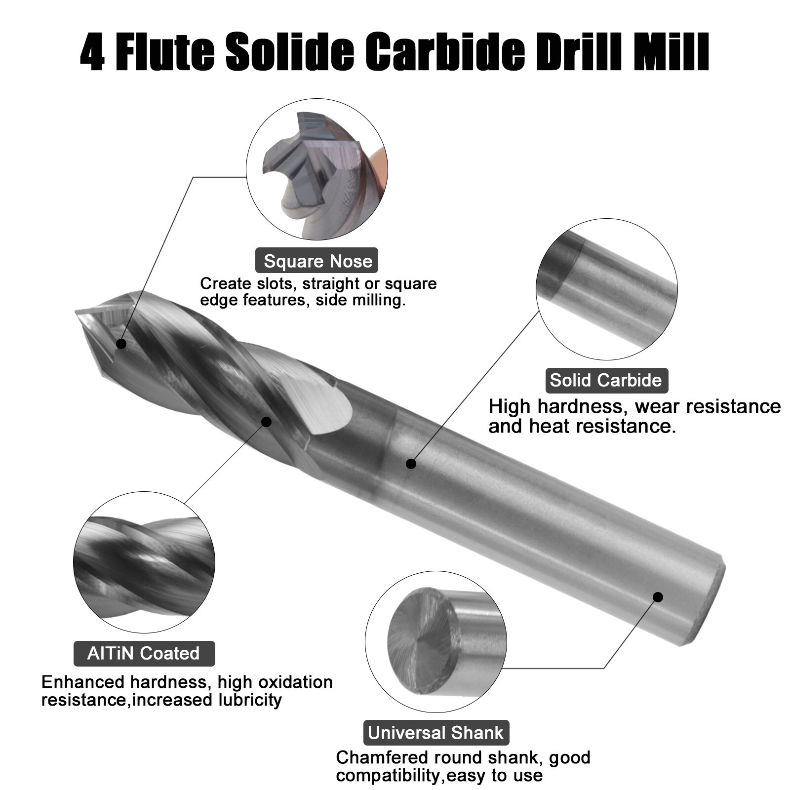10PCS 4 Flute 90 Degree 3/8"x1"x2-1/2" Solid Carbide Drill Mill - AlTiN Coated