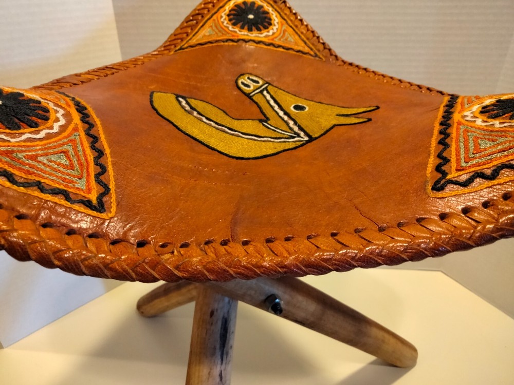 Hand Made Hand Sewn Camel Hide Trifold Camping Stool