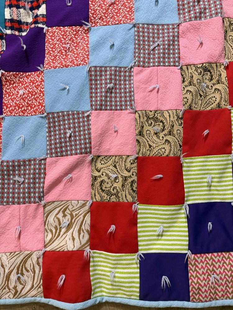 Handmade Rag Quilt Patchwork Tied Multicolor 87x75” Cotton Throw Bedspread
