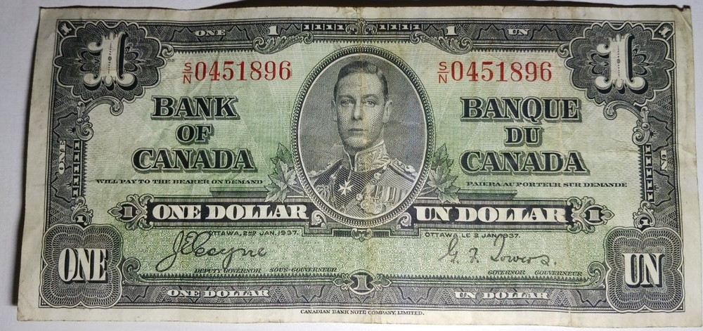 🇨🇦 Canada 1 dollar 1937   VF Banknote 0451896