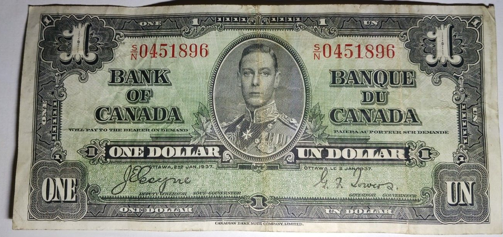 🇨🇦 Canada 1 dollar 1937 VF Banknote 0451896