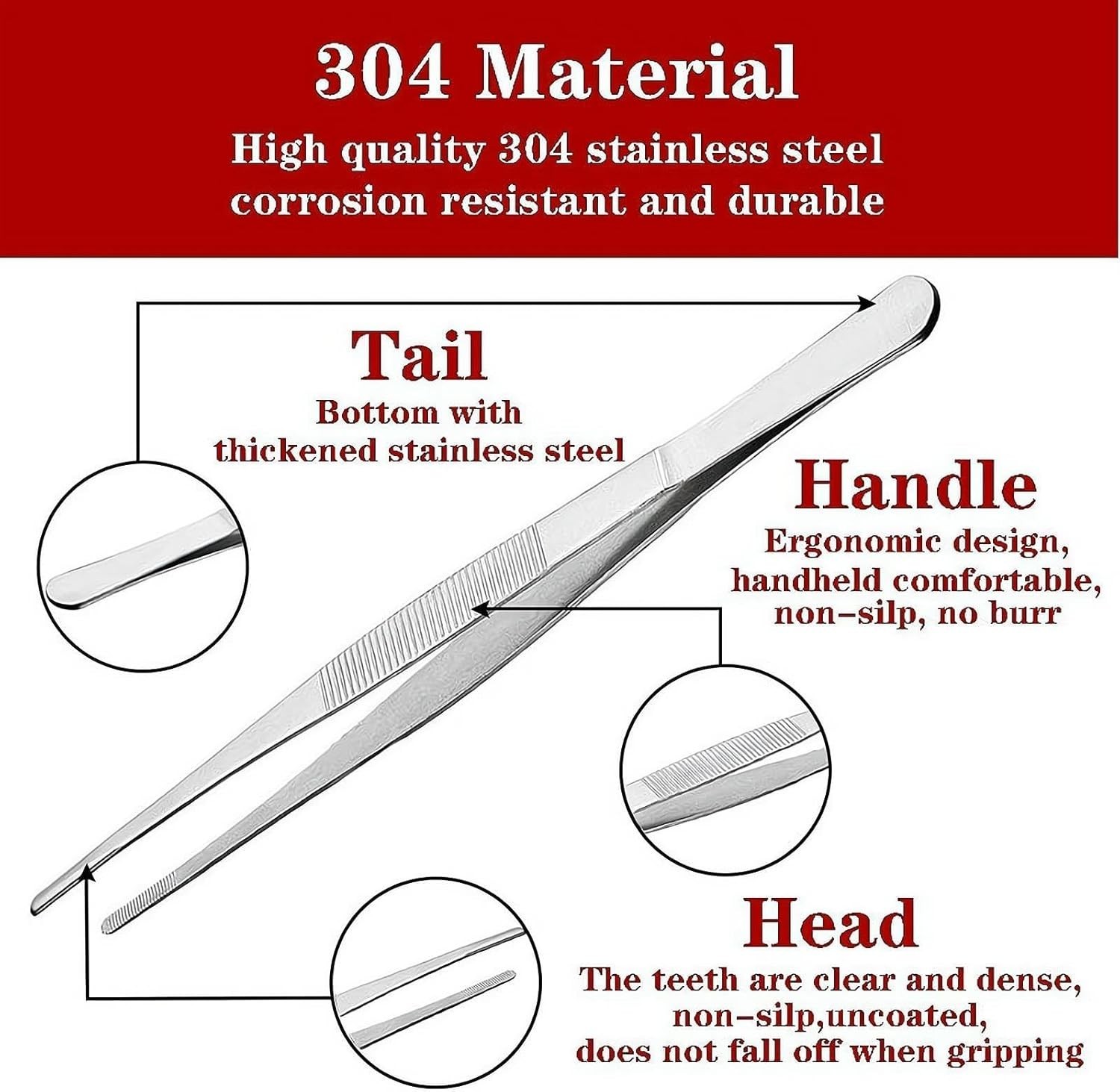 2Pcs Stainless Steel Kitchen Tweezers, 10-Inch Culinary Fine Tweezer Tongs Food.