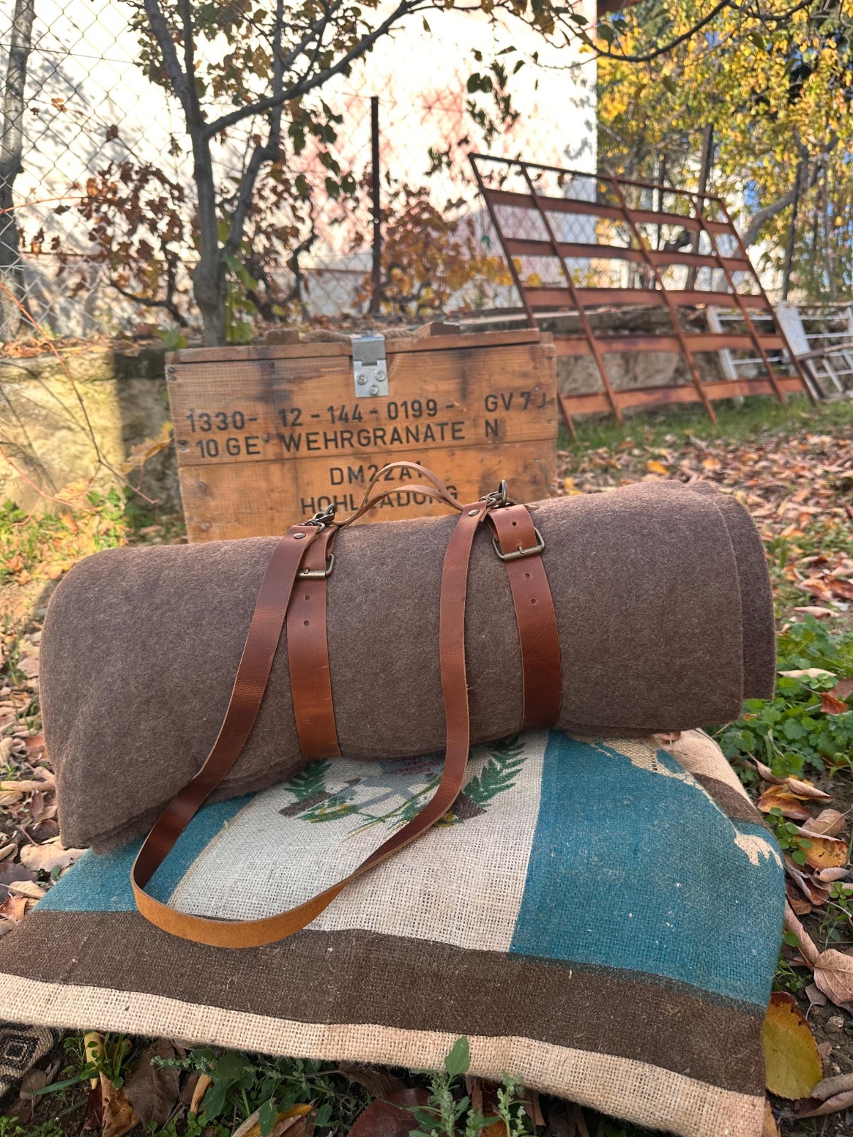 Bushcraft Wool Blanket with Handmade Leather Strap, Natural Blanket For Outdoor