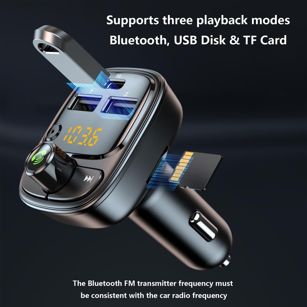 Bluetooth 5.3 FM Transmitter Car Adapter, Wireless Radio MP3 Small, Black