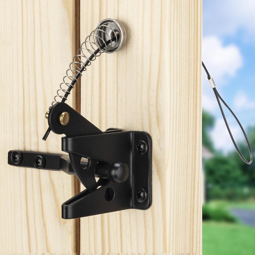 Self Locking Gate Latch with Spring Cable Pull, Black Gravity Lever Door...