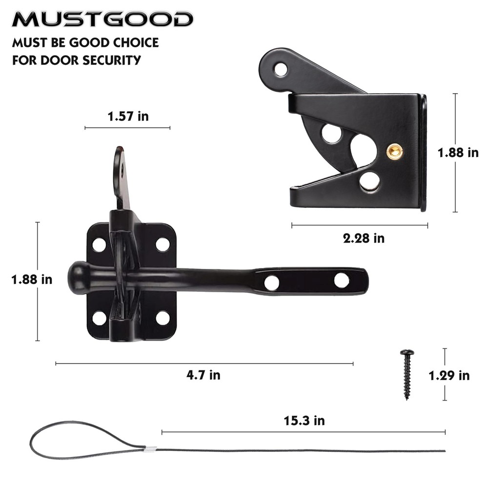 MustGood Self-Locking Gate Latch with Stainless Steel Spring Cable Pull Black