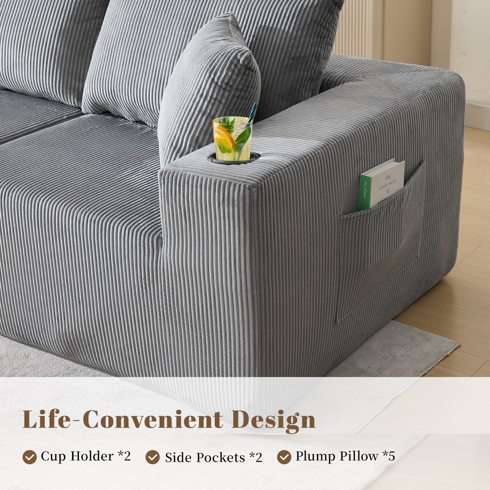 L Shaped Corduroy Sofa Cloud Couch Compression Boneless Sofas w/ 5 Throw Pillows