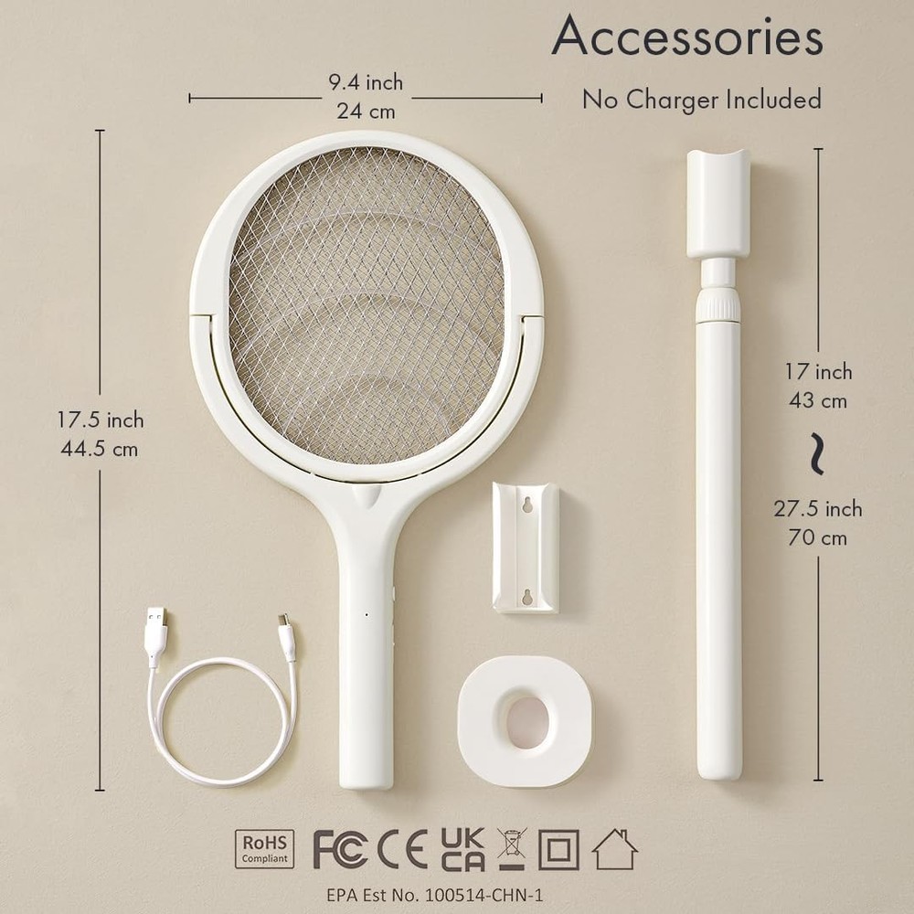 Rotating Head Electric Fly Swatter Racket Rechargeable Bug Zapper Racket Bug ...