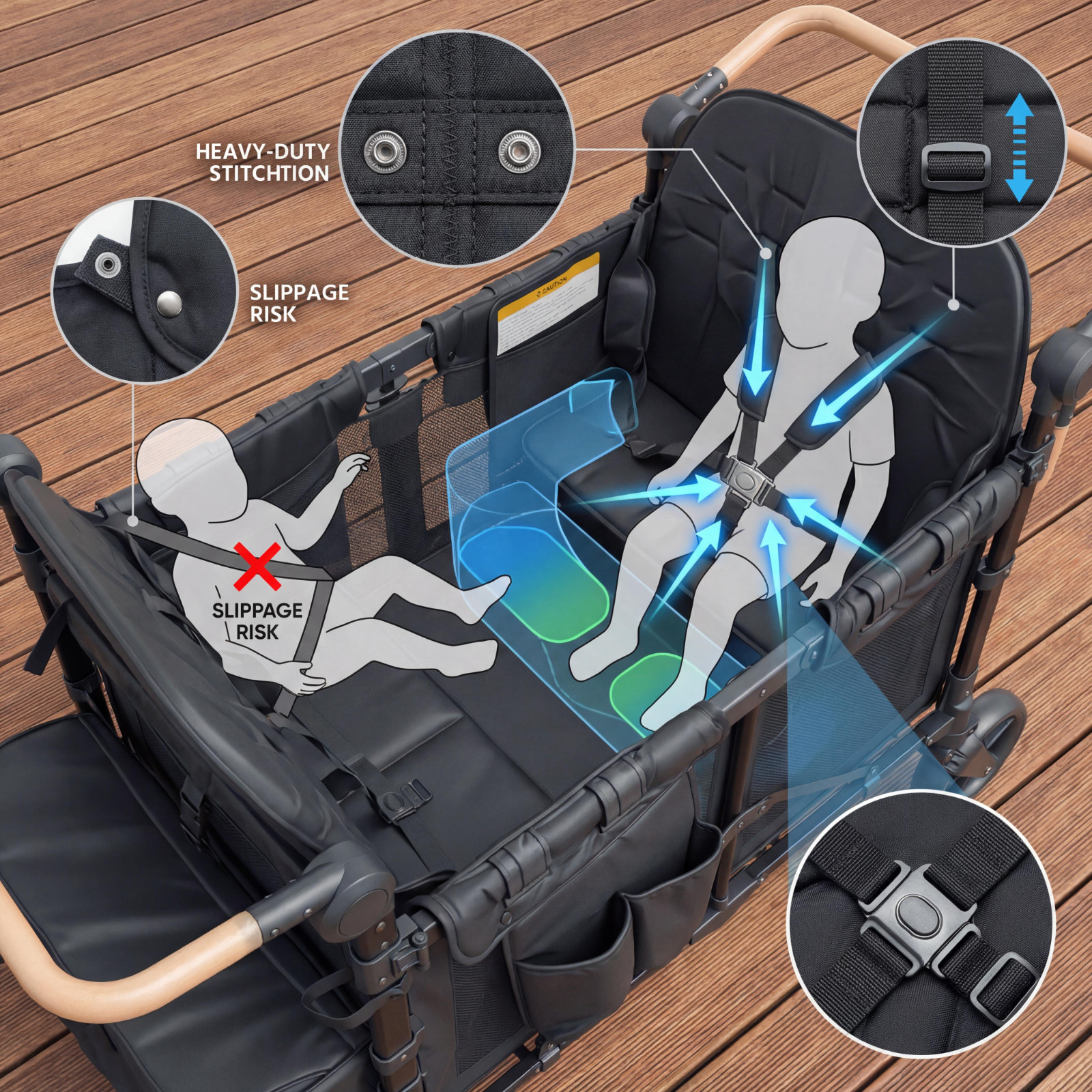 Wagon Stroller w/ Canopy 4 seater Push Pull Quad Collapsible Stroller 330LBS