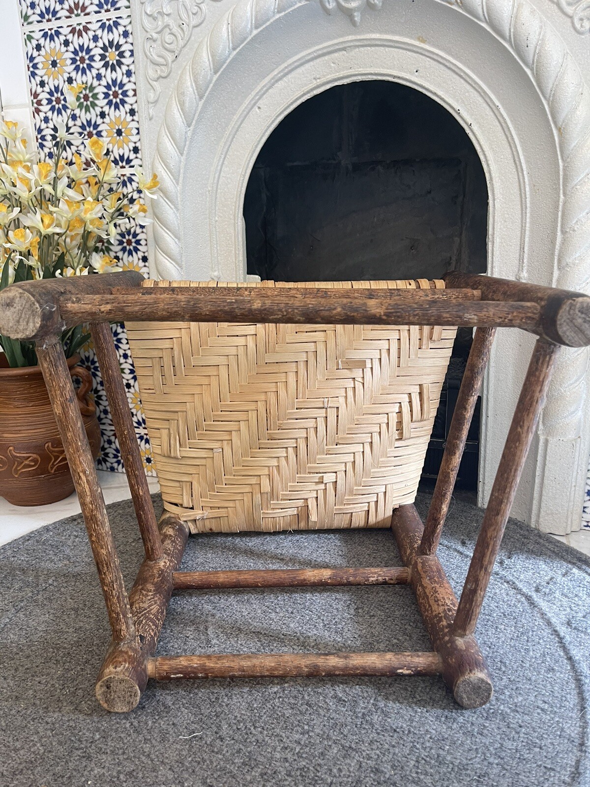 Vintage Oak Footstool Stool Ottoman With Trapezoid Woven Rush Top Handmade