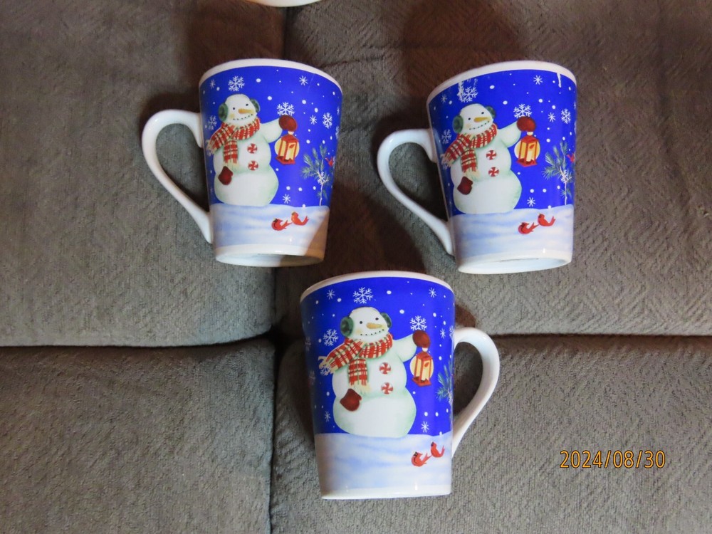 Set (6) Studio 33 7 Inch Snowman Dessert Plates and Mugs - 3 Diff Patterns