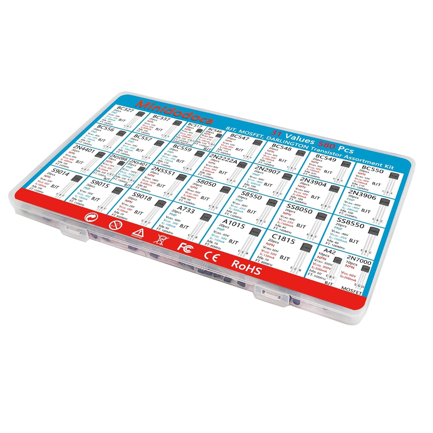 31 Kinds 580Pcs Assorted Type General Purpose TO92 Transistors PNP NPN Bipolar P