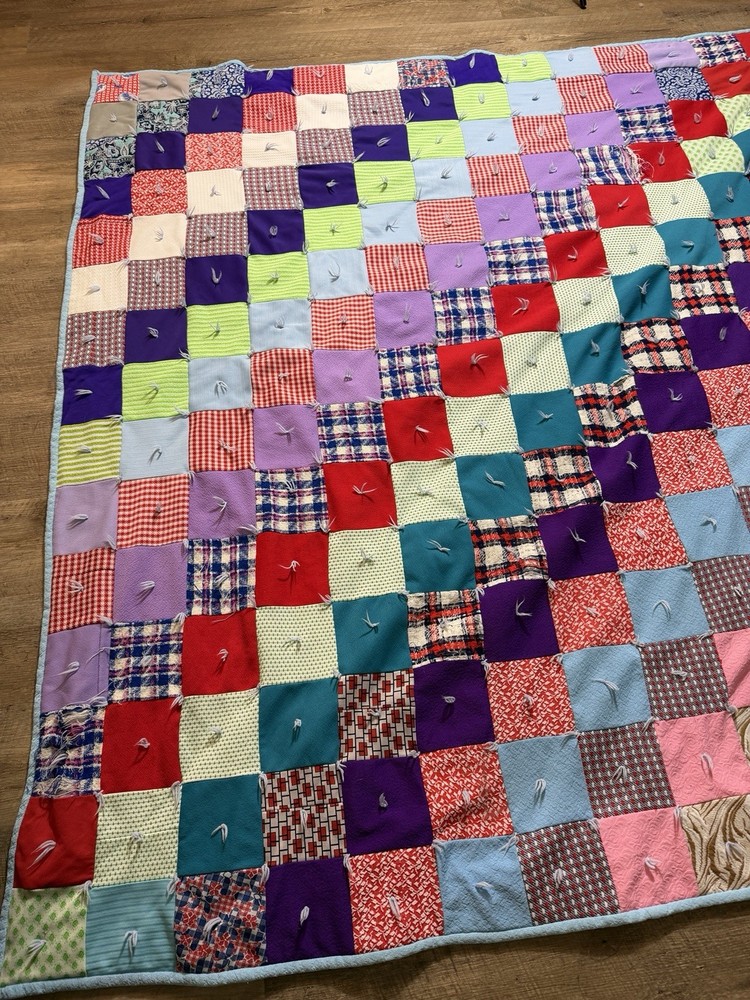 Handmade Rag Quilt Patchwork Tied Multicolor 87x75” Cotton Throw Bedspread