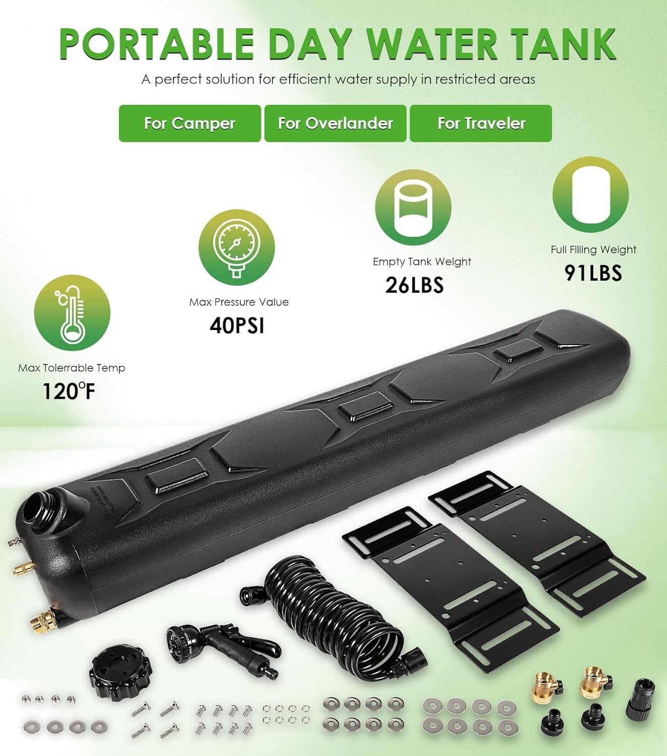 8 Gallon Pressurized Water Tank for Camping Showers, Multiple Mounting