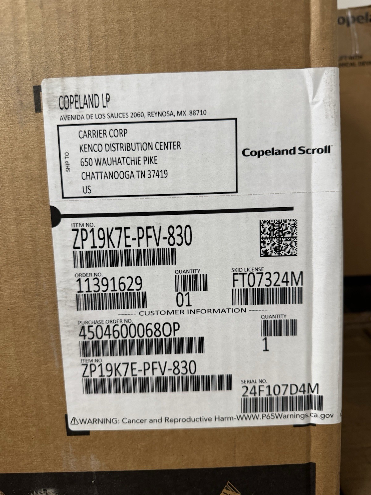 Emerson Copeland Scroll ZP19K7E-PFV-830 Compressor 208-230V 1PH 60Hz 19000 BTU