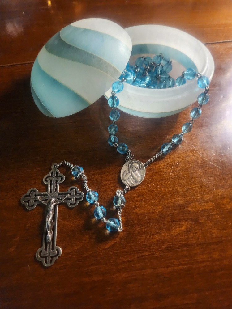 Vintage Italy Sterling Silver Aqua Blue Crystal Rosary & Vtg MCM Alabaster Case