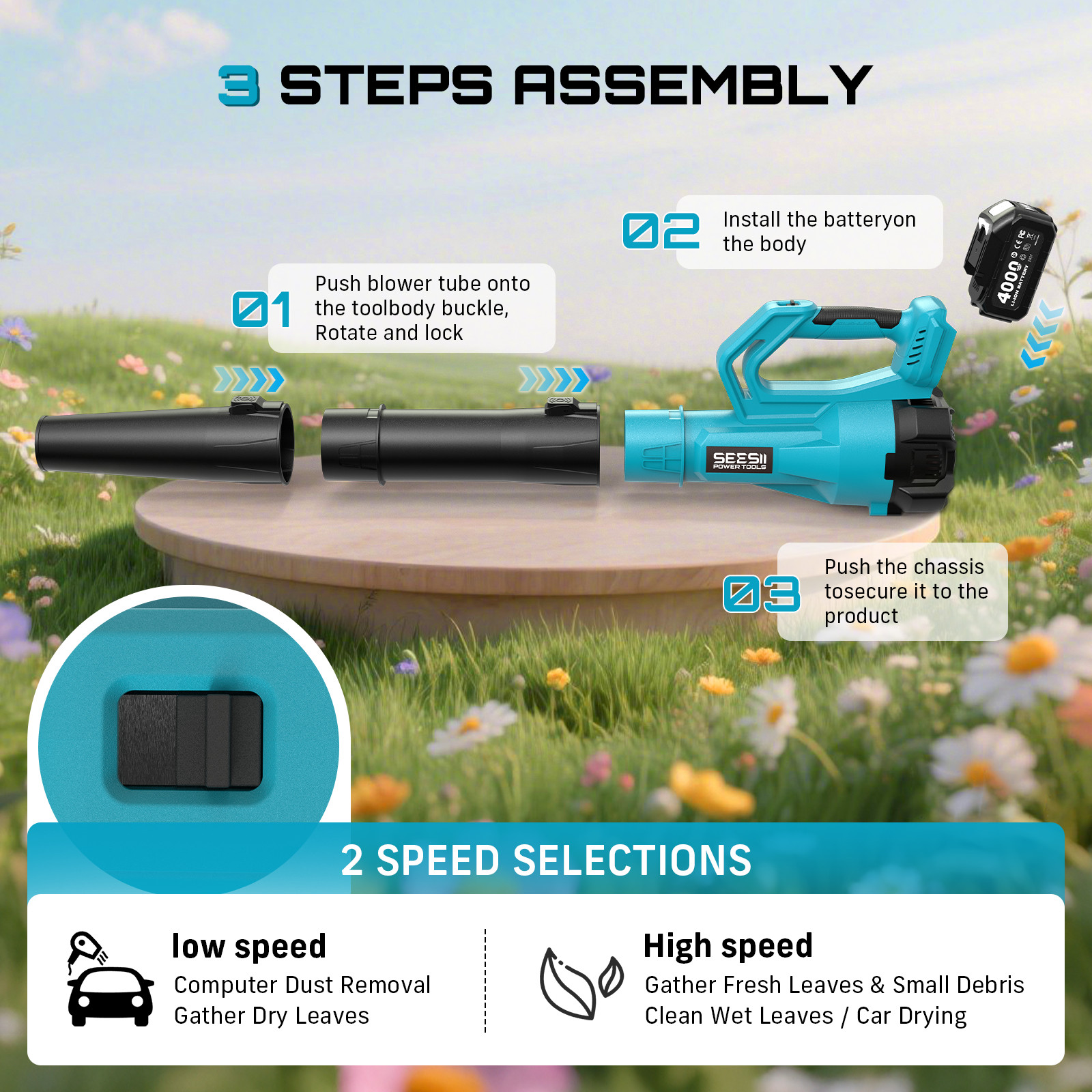 Professional Seesii Leaf Blower 780CFM 400MPH Charger Adjustable Strap 2x4000mah