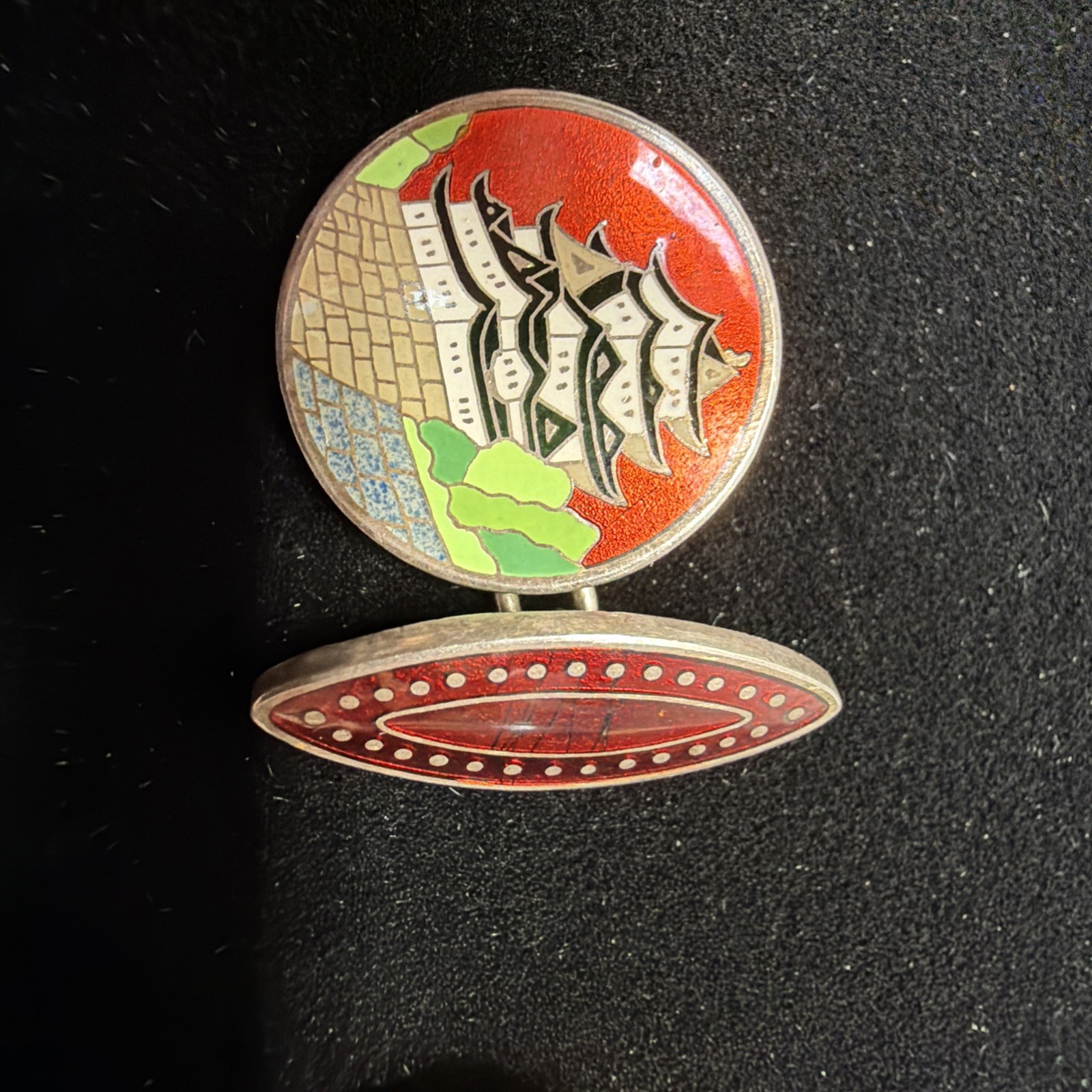 Vintage Japanese Cloisonne Enamel Sterling Silver Cufflinks Red House Palace