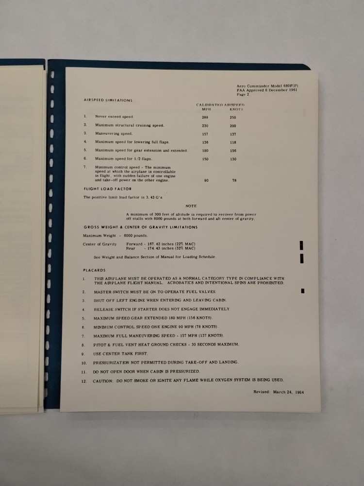 Aero Commander 1961 Model 680F Pressurized Flight Manual-Original