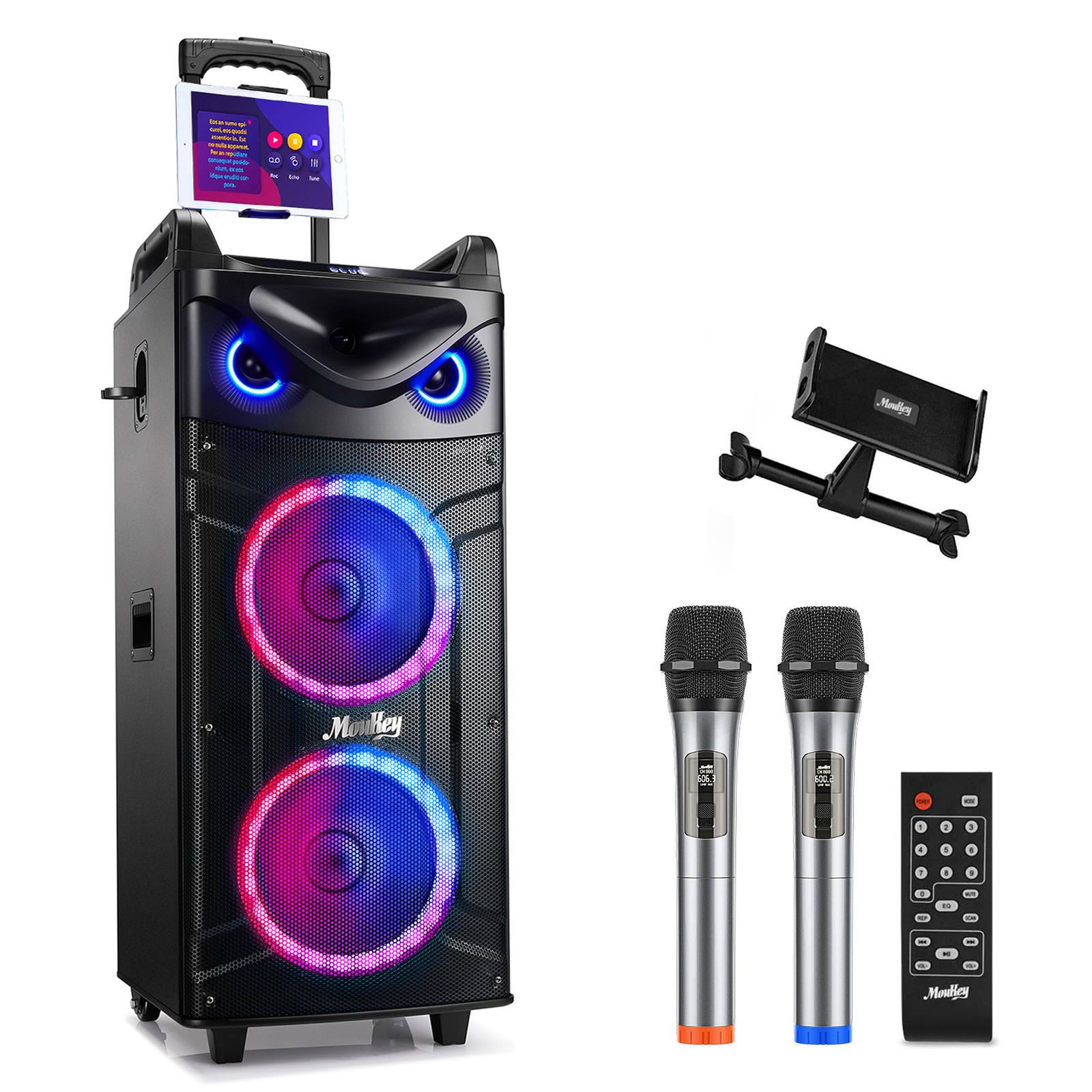 Moukey Portable Party Speaker 280W Bluetooth Singing Machine + 2Pcs Wireless Mic
