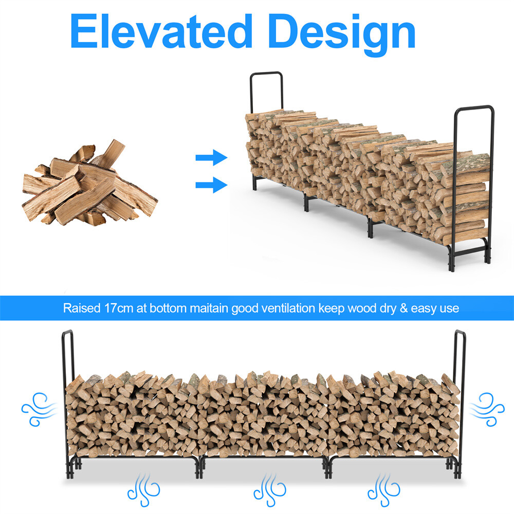 12ft Heavy Duty Outdoor Firewood Rack Fireplace Wood Log Holder Adjustable Steel