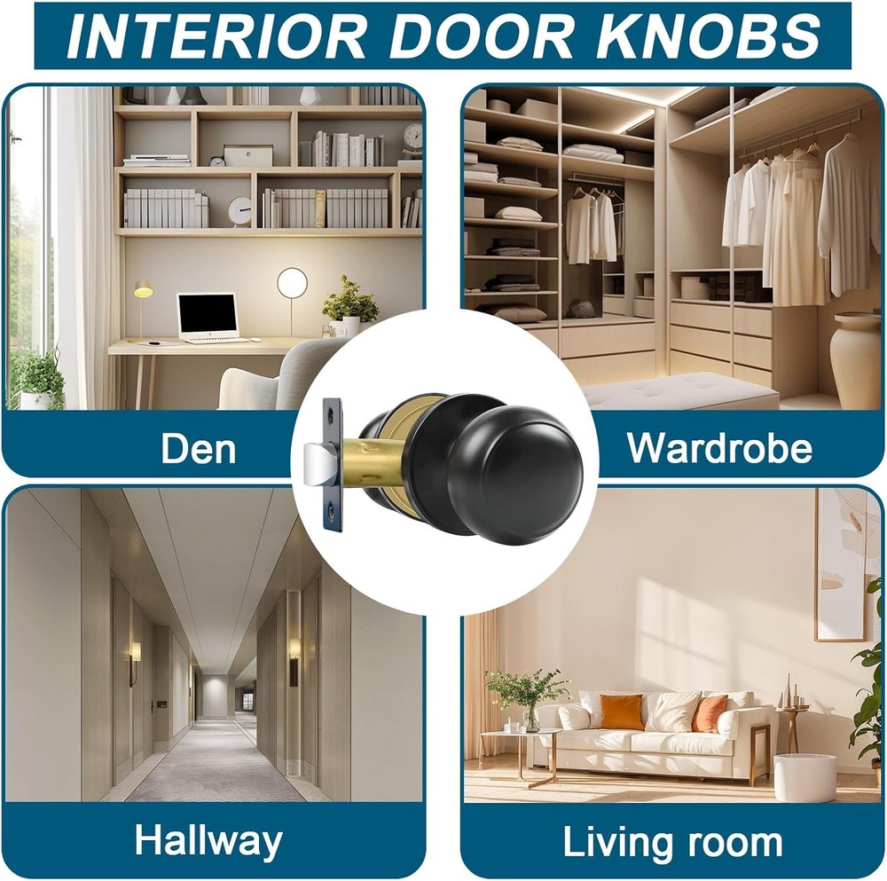 RAZCC 4-Pack Matte Black Passage Door Knobs, Interior Round Handles for Hallway/