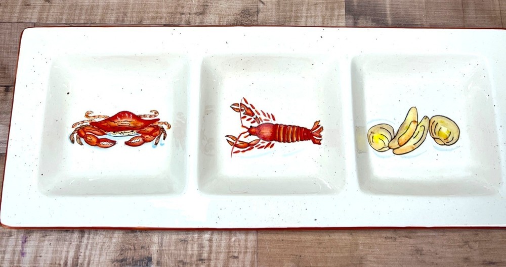Coastal Seafood Ceramic Serving Tray With Artistic Illustrations