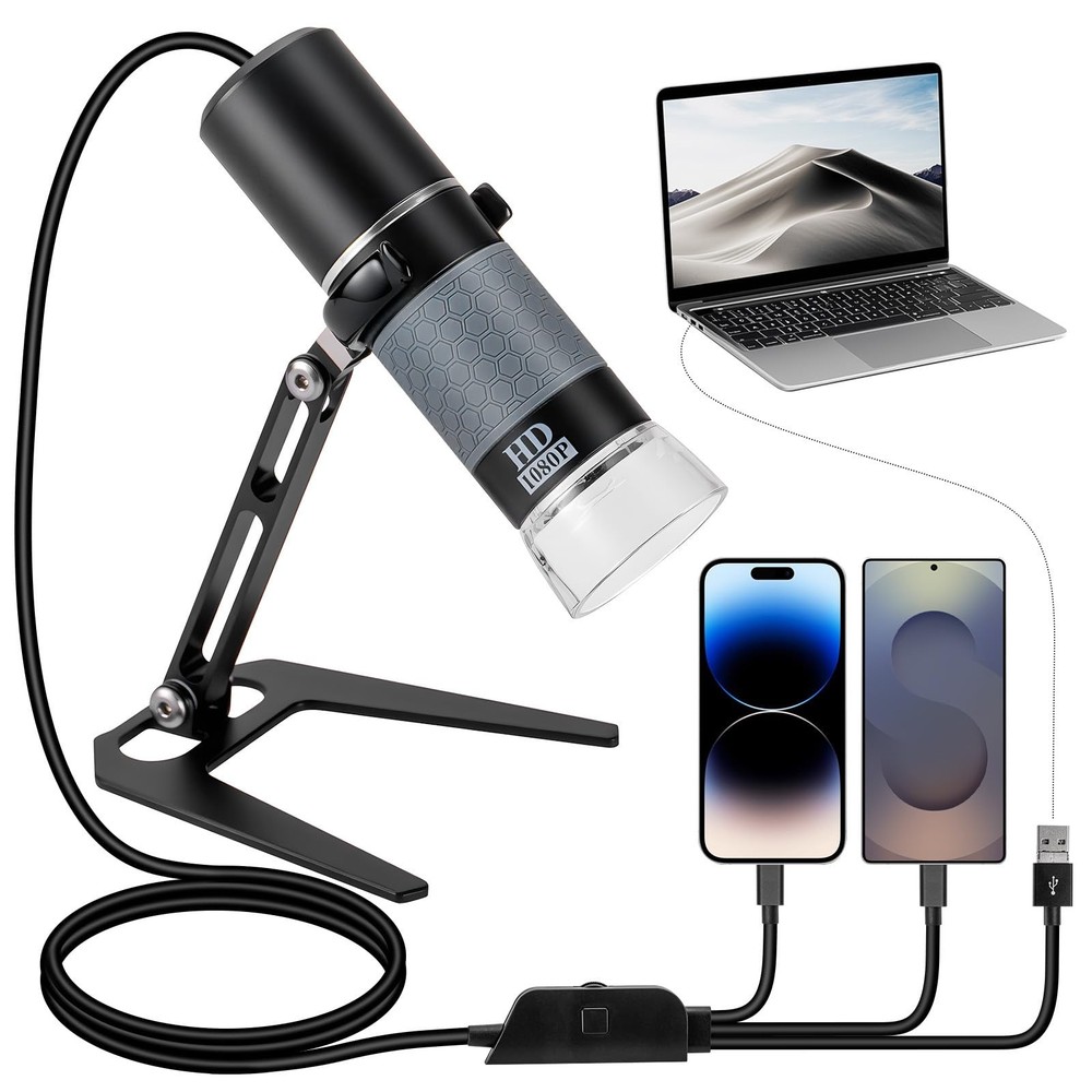 1080P USB Digital Microscope Camera, 50X-1000X Magnification, Metal Stand, Compa