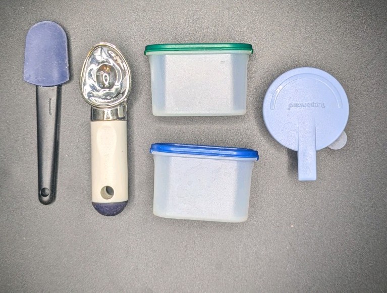 Tupperware Kitchen Storage Set 5pc Blue Green Containers Lids Spatula Scoop