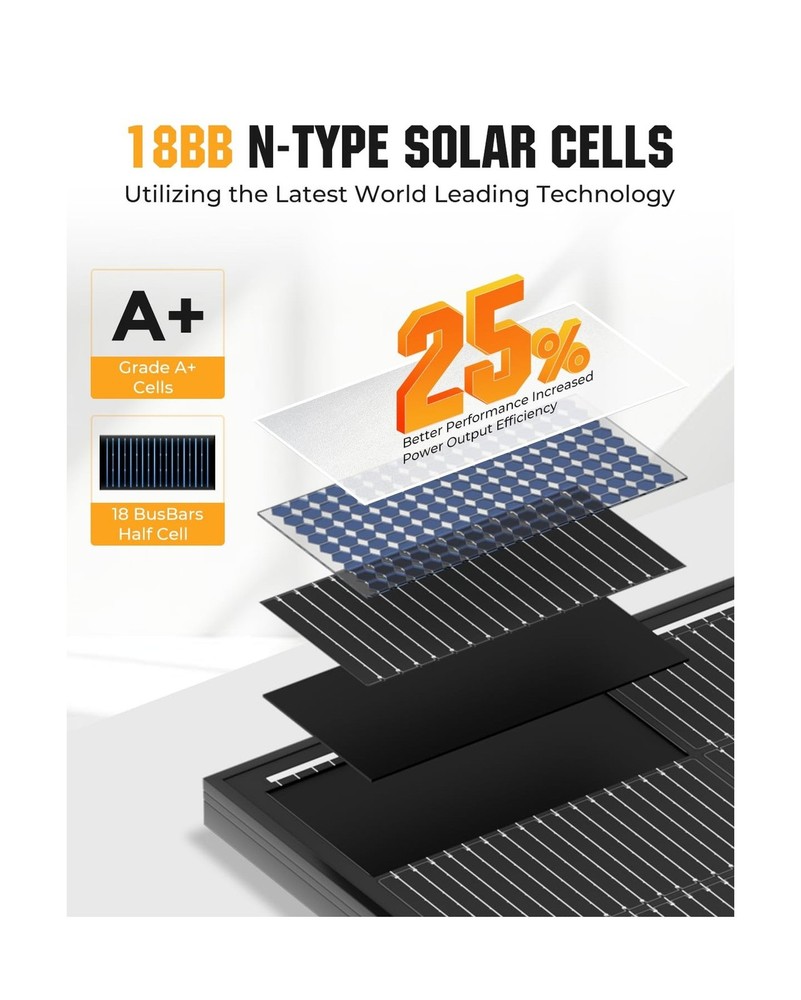 200 Watt Solar Panel 18BB, 25% High Efficiency, N-Type 12V 200W Solar Panel, ...