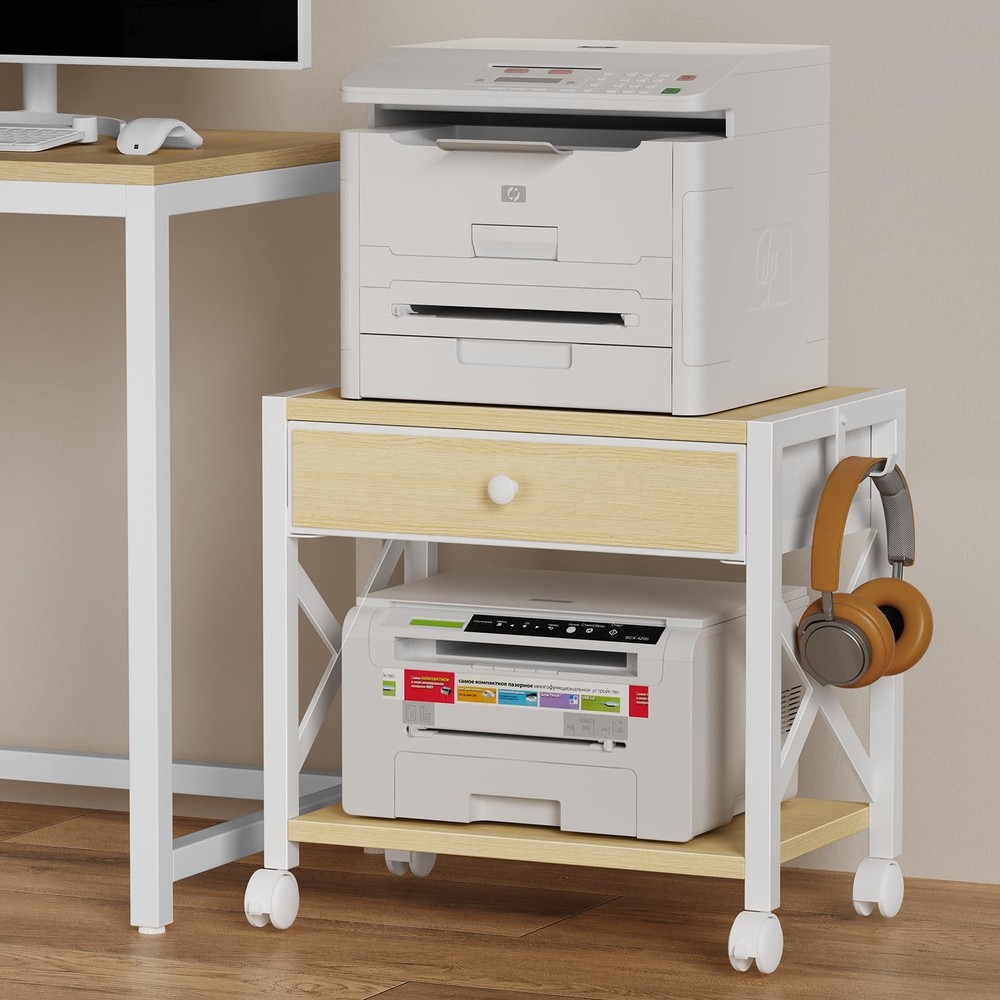 2-Tier Desktop Printer Stand Large Drawer Under Desk Storage Wheels Beige