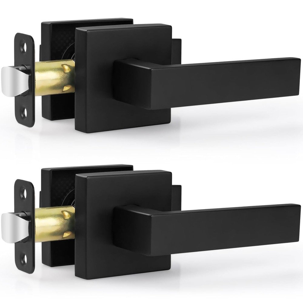 Estmoon 2 Pack Passage Door Levers, Matte Black Door Knobs Interior Square Do...