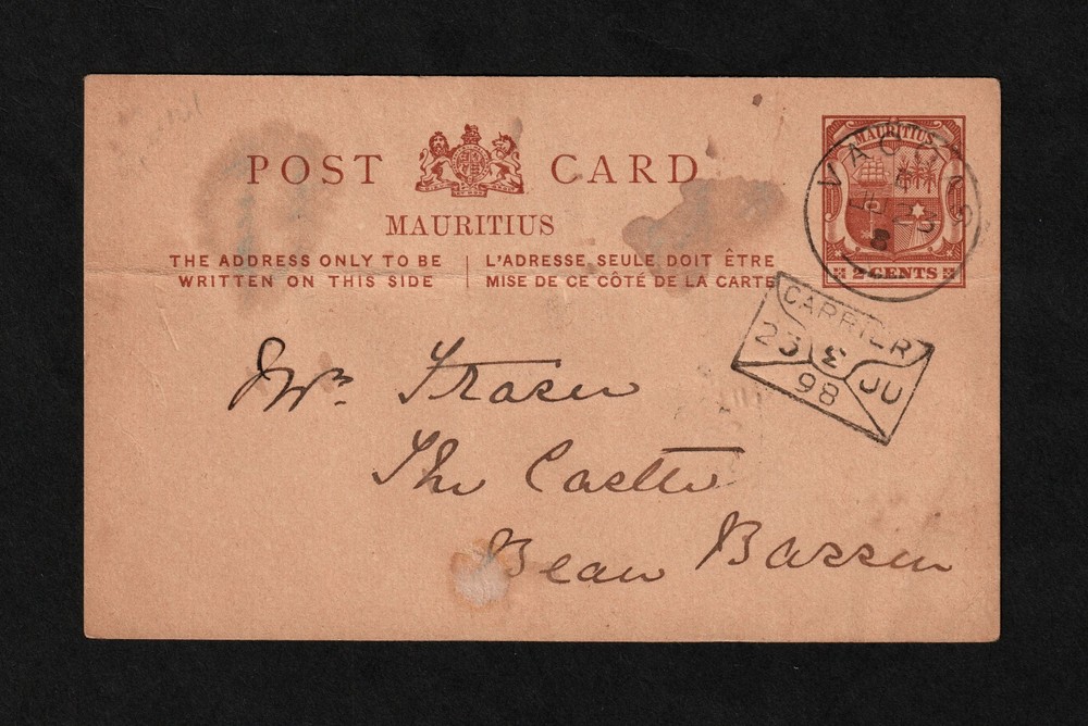 MAURITIUS, 1898 POSTCARD, LOCAL USE WITH GOOD CANCELS