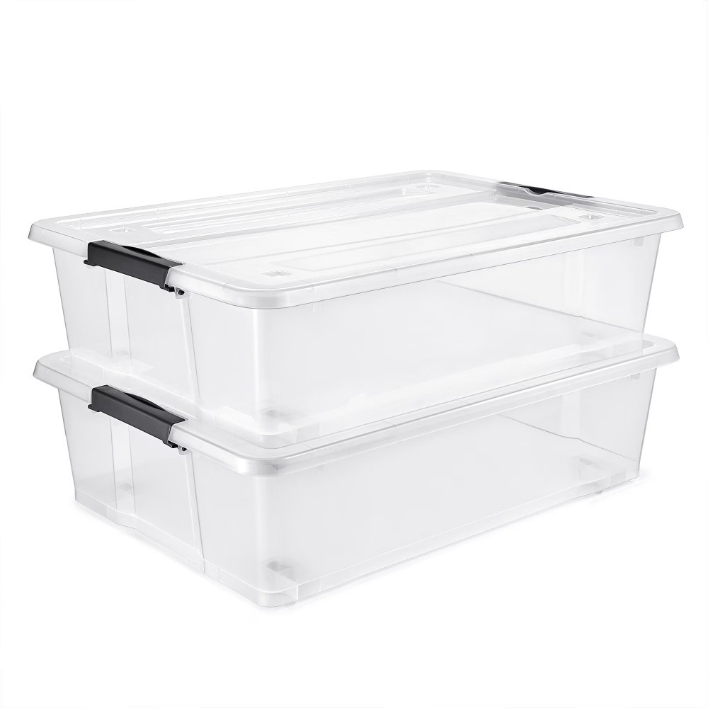 2-Pack 40 Qt Clear Underbed Storage Bins with Lids & Handles, Stackable