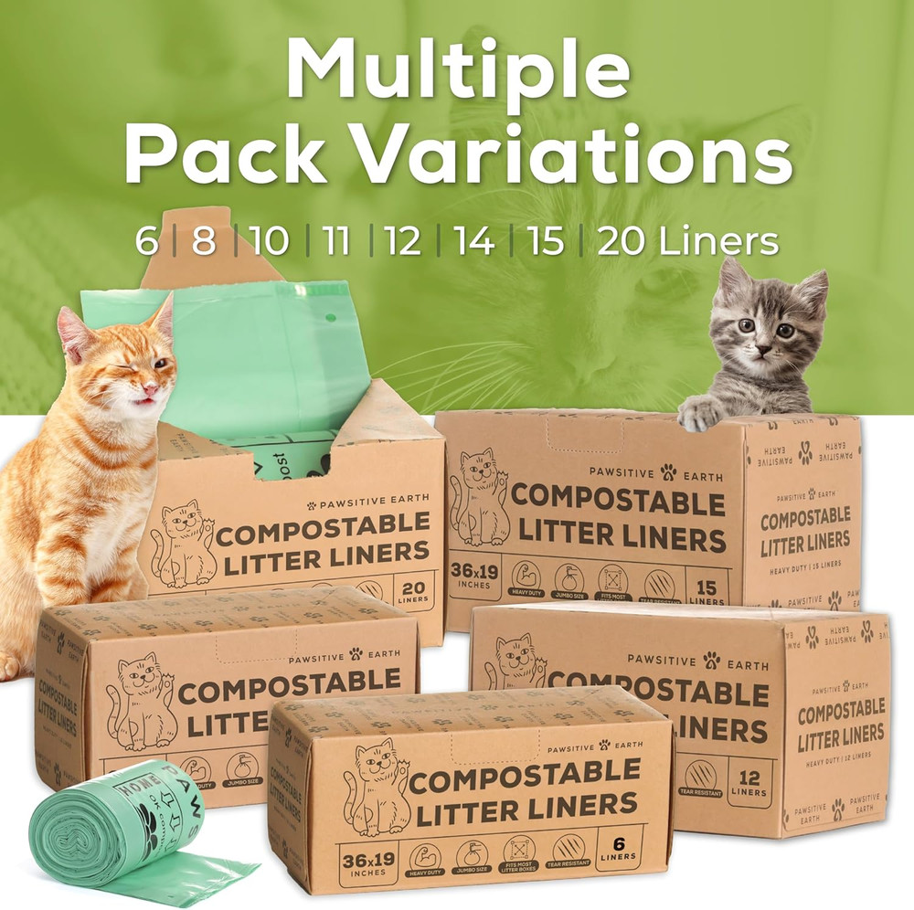 Cat Litter Box Liners 100% Compostable - Drawstring Close - 6 Count - Jumbo Size