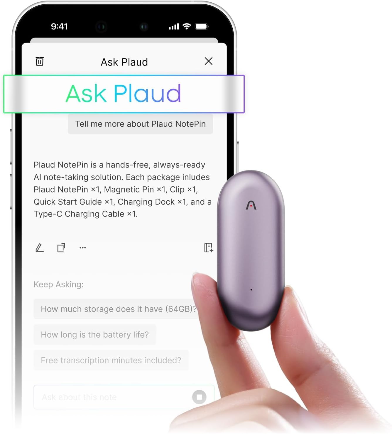 Plaud NotePin S AI Voice Recorder 64GB 112 Languages Wearable Purple