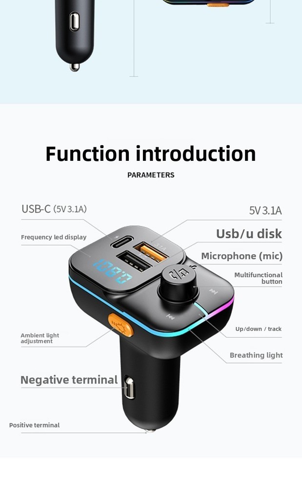 C24 Cigarette Lighter Bluetooth Car Charger MP3 Player FM Transmitter Fast