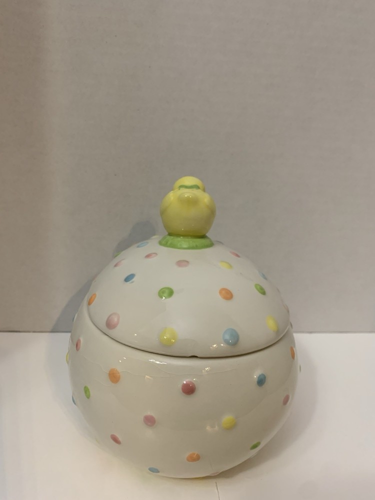 Hallmark Easter Chick on Pastel Polka Dot Egg Ceramic Dish w/ Lid