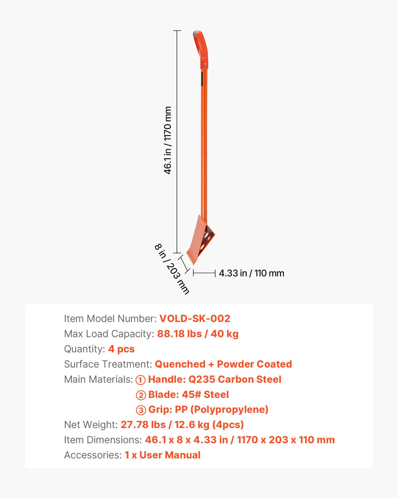 VEVOR Shingle Shovel 4 Pack D-Grip Handle Roof Ripper Steel Lightweight Orange