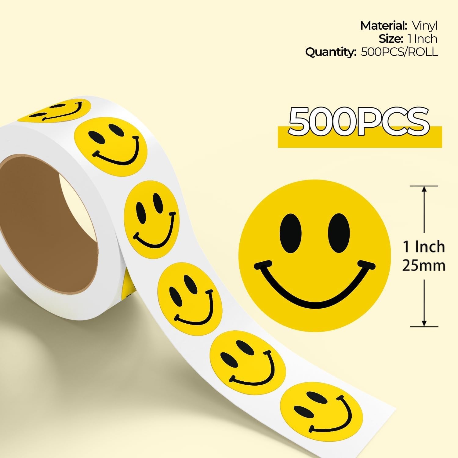 Stickerjet Happy Face Smile Stickers Roll of 500 Self-Adhesive Perfect for Craft
